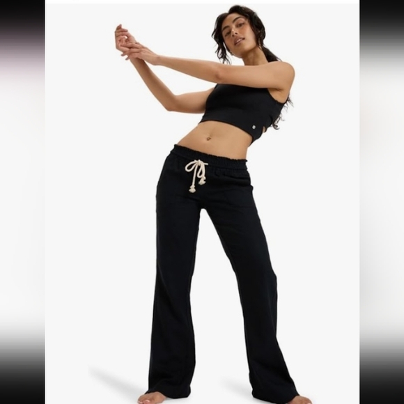 Roxy Oceanside Nautical Black Linen Blend Boot Cut Rope Drawstring Casual Pant M - Picture 1 of 14